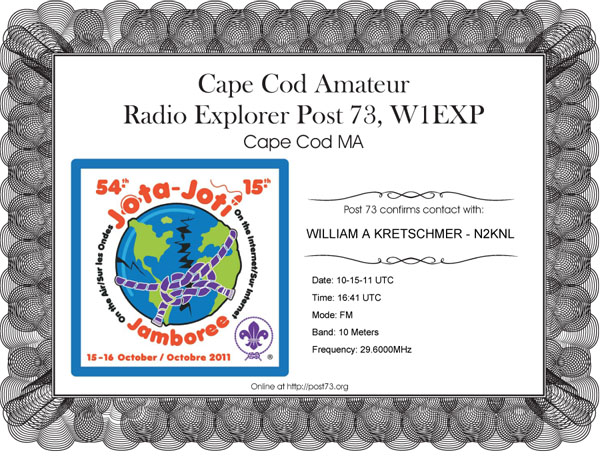 W1EXP Post 73 JOTA Certificate 2011
