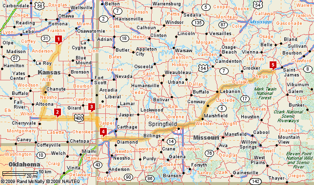 1-Garnett,KS to 2-Parsons,KS to 3-Pittsburg to 4-Joplin,MO to 5-Rolla,MO-331 miles