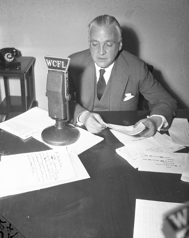 Marshall Fields on WCFL Radio 1944 Marshall Fields speaks to Chicago via WCFL Radio Nov 7, 1944. The Copy on his desk says that Fields is talking on the 1944 elections and has a special announcement of his own to make.